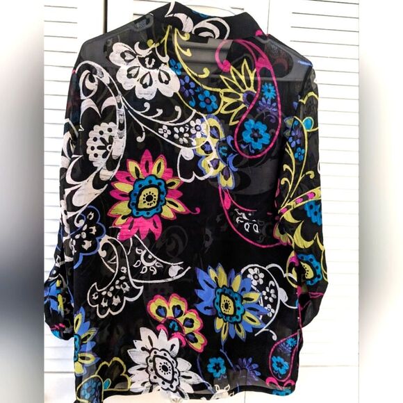 Chico's Top Women's sz S (0) Silk Multi Floral Colorful Blouse Wearable Art - Picture 3 of 11